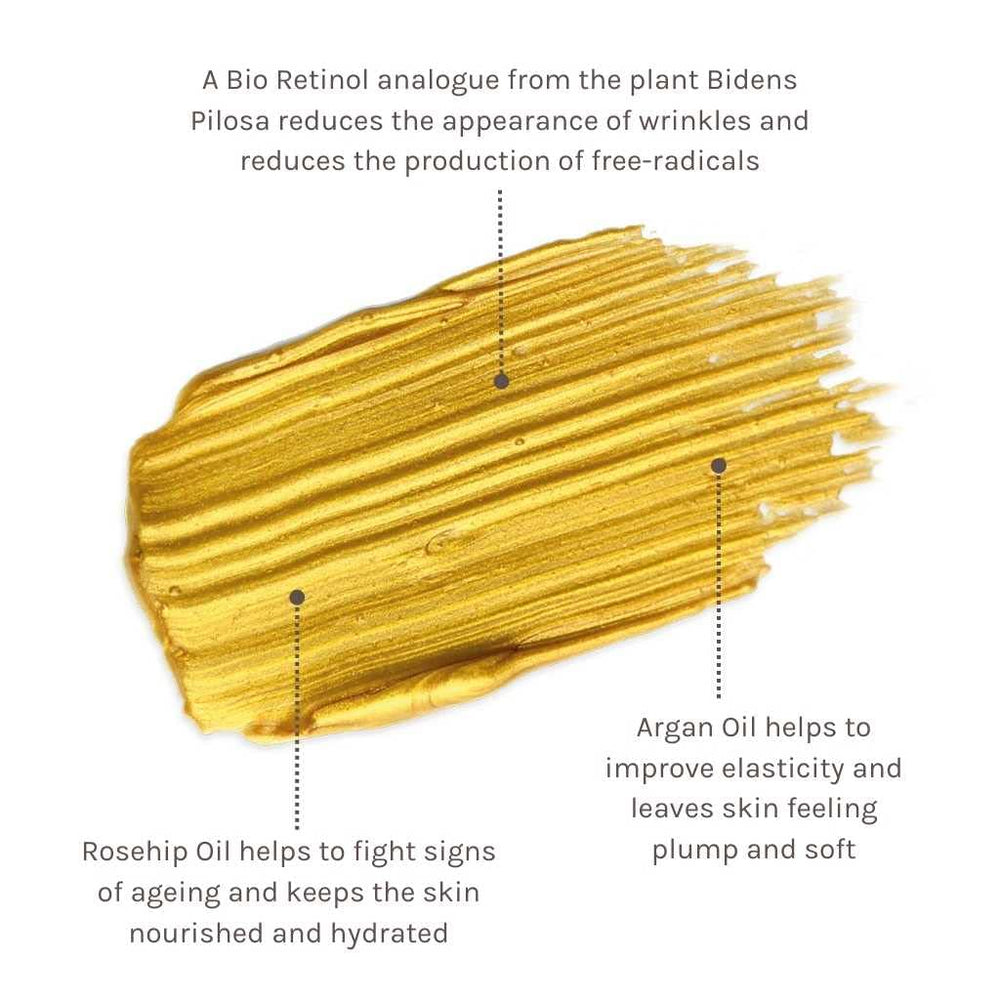 Evolve Organic Beauty Bidens pilosa bio-retinol extract highlights rejuvenating potential.