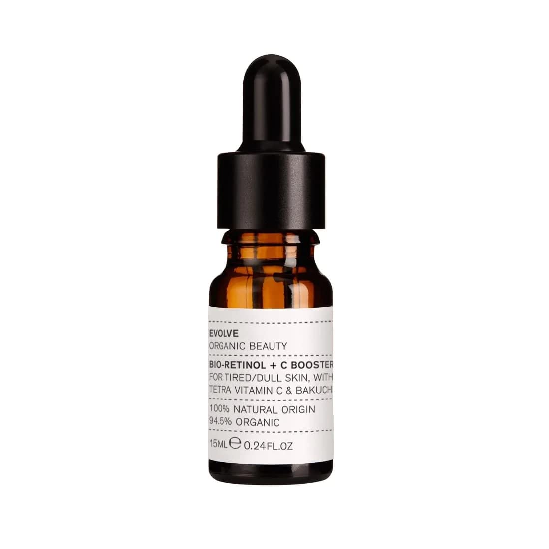 Evolve Bio-Retinol + C Booster bottle delivers silky hydration for radiant skin.