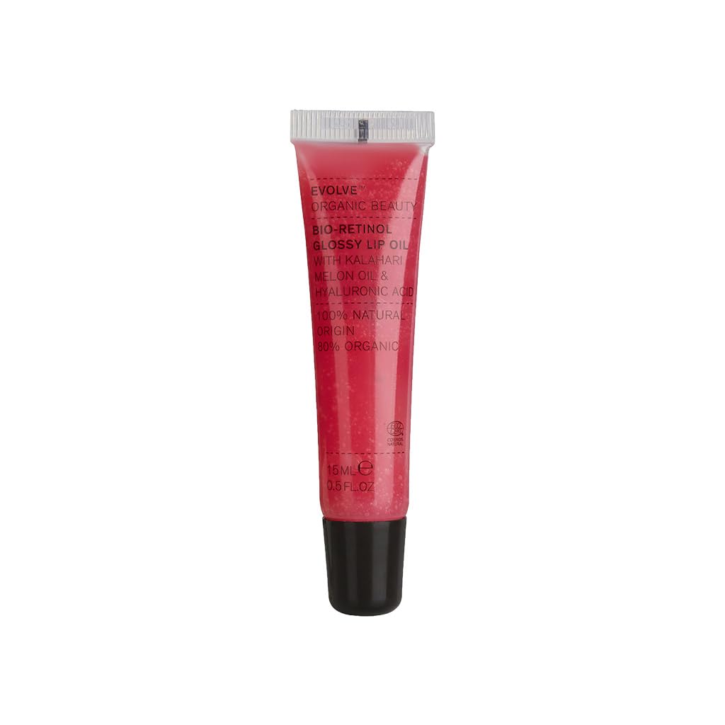 Evolve Organic Beauty Bio-Retinol Glossy Lip Oil bottle with eco-friendly tube for radiant gloss.