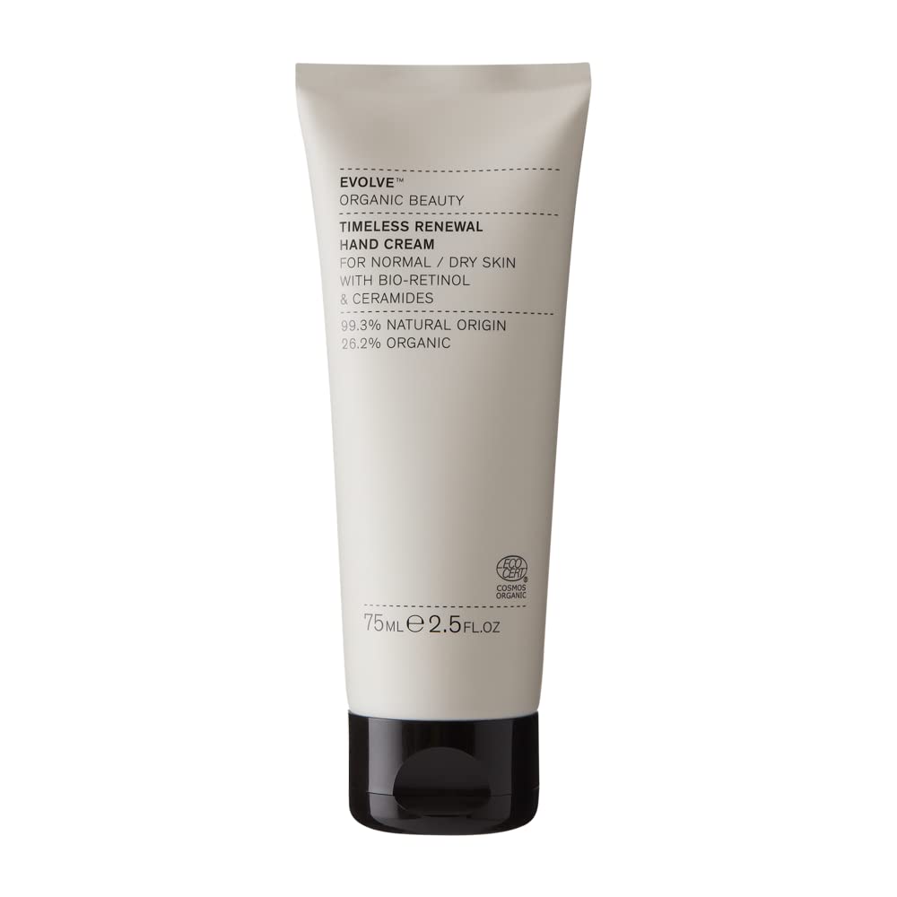 Evolve Organic Beauty bio-retinol hand cream tube closeup showing nourished skin.