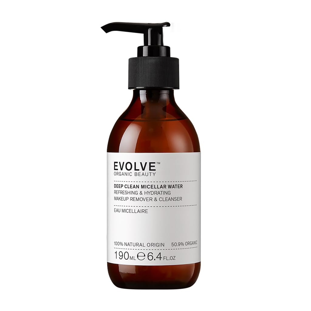 Evolve Organic Beauty Deep Clean Micellar Water bottle ready for gentle makeup removal.