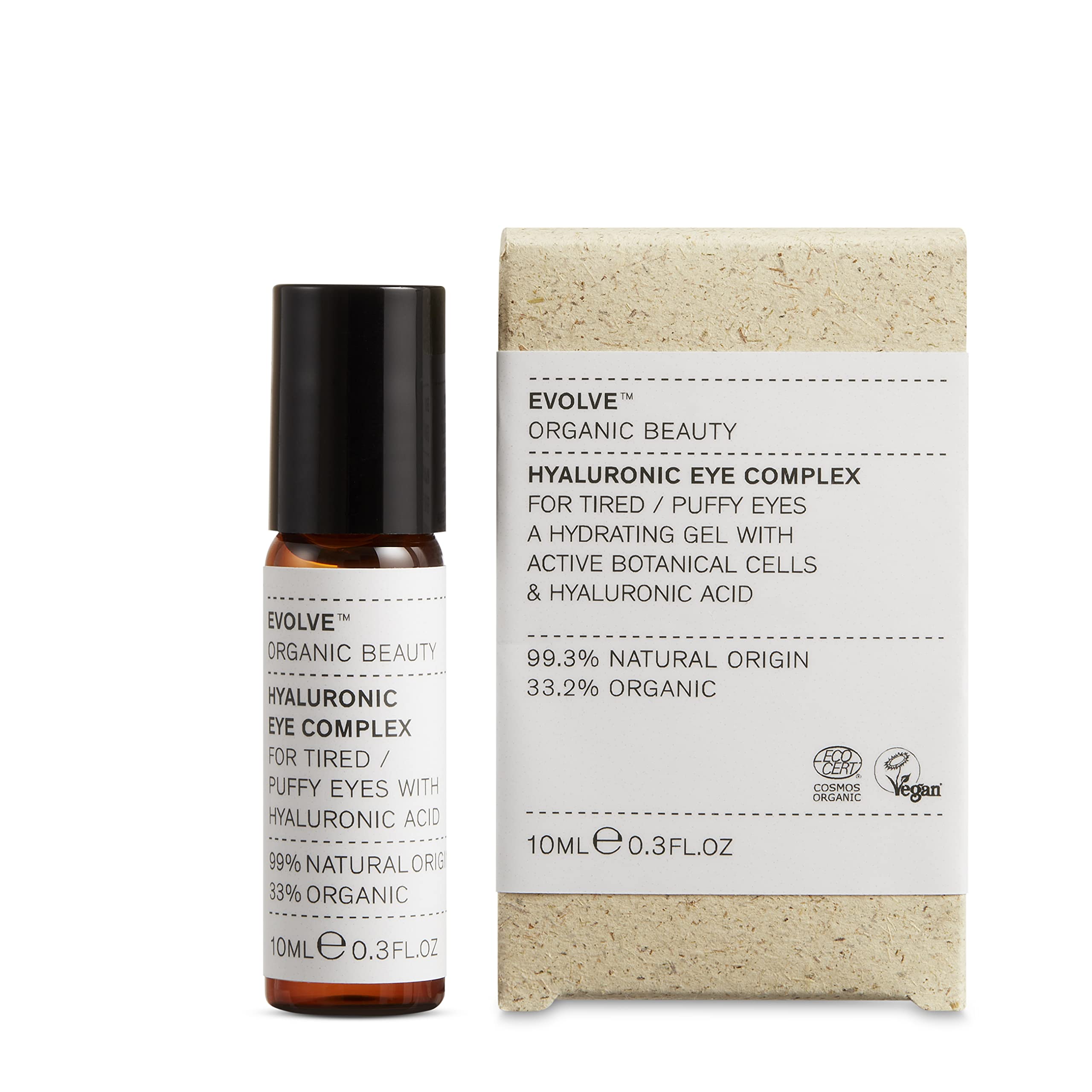 Evolve Organic Beauty eye complex jar showing a lightweight formula for refreshing the eyes.