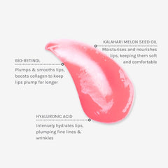 Evolve Organic Beauty Bio-Retinol Glossy Lip Oil on lips for hydrated, plump-looking shine.