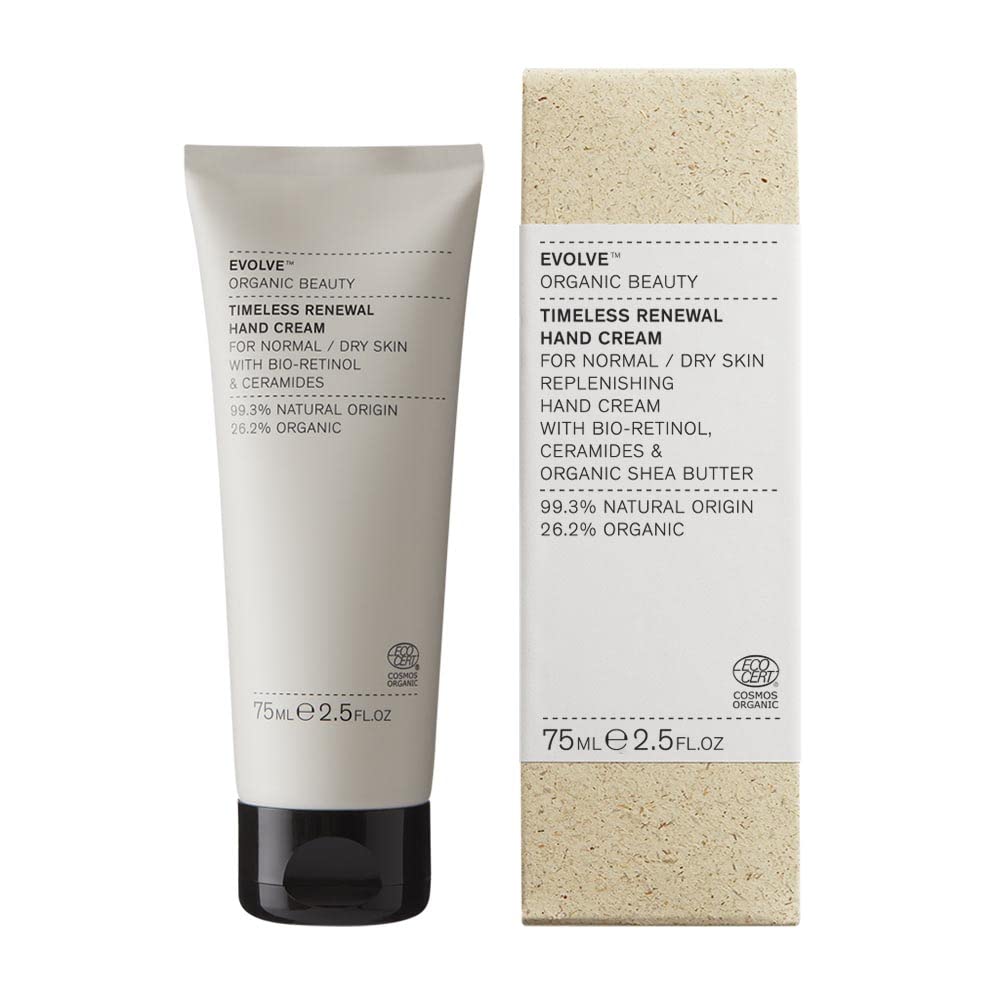 Evolve Organic Beauty hand cream with ceramides delivering lasting moisture.