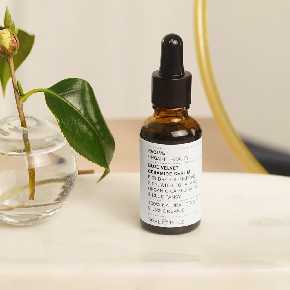 Evolve Small batch label, clean vegan beauty promise.