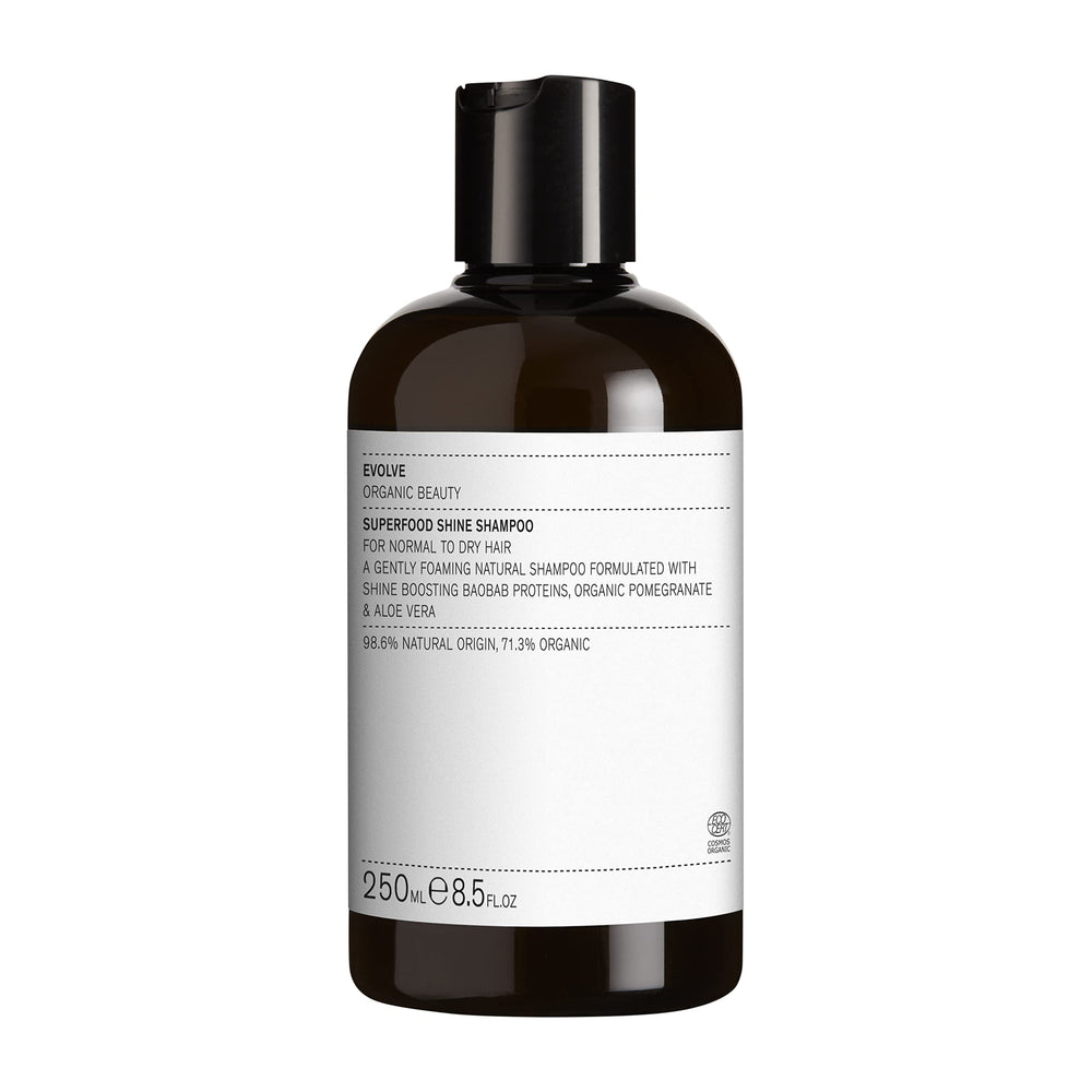 Evolve Superfood Shine conditioner bottle boosts natural shine for hair.