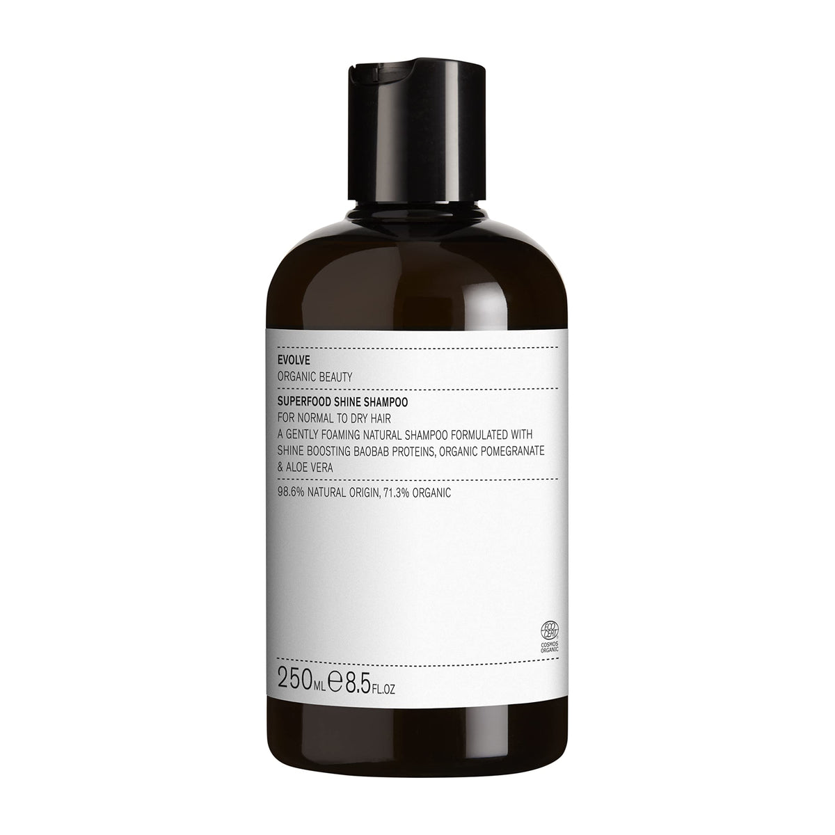 Evolve Superfood Shine conditioner bottle boosts natural shine for hair.