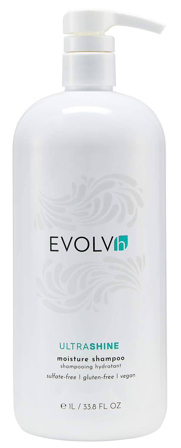 EVOLVh UltraShine Moisture Shampoo bottle on display showing color-safe hydration.