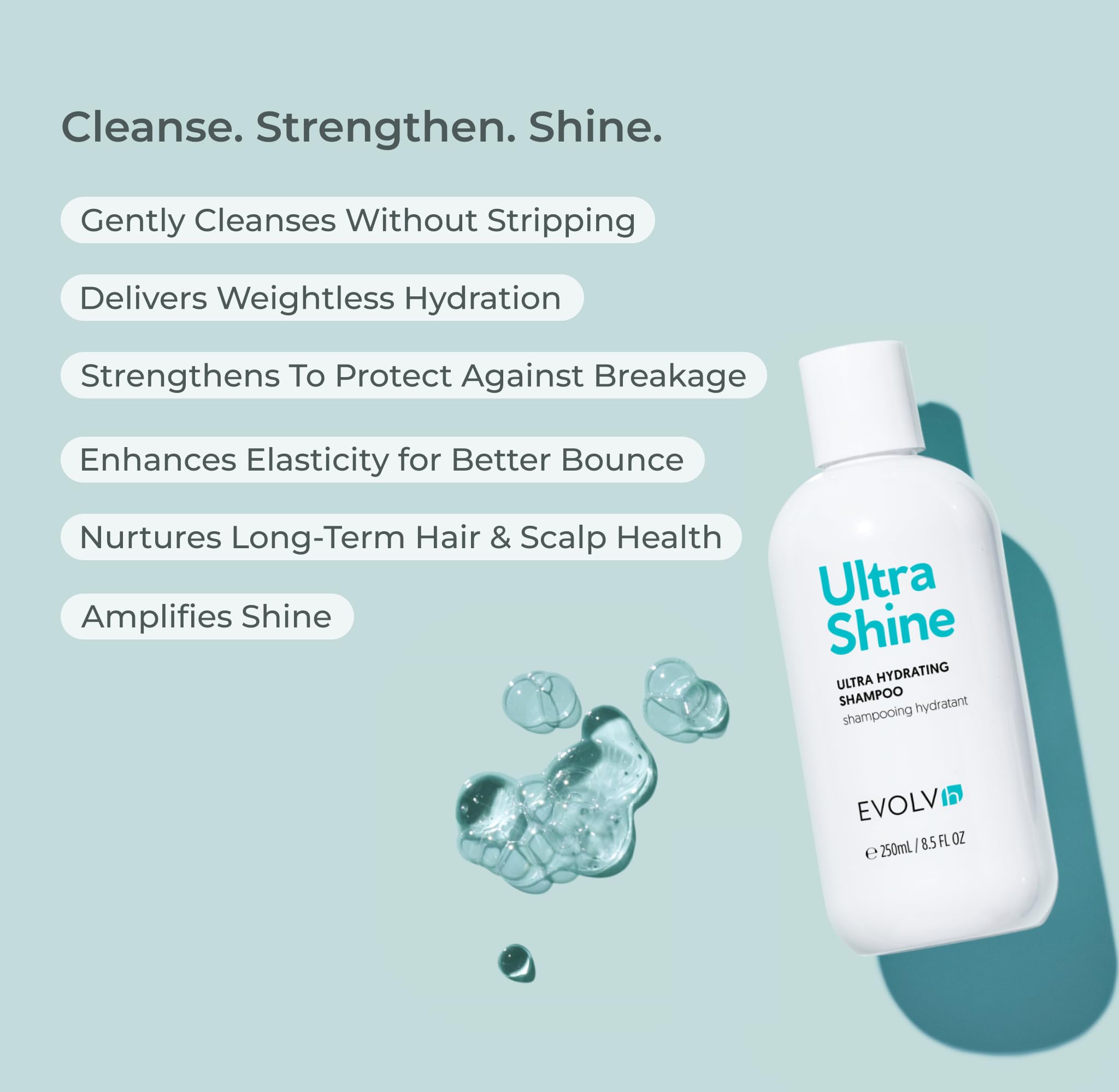 Close up of EVOLVh UltraShine Shampoo lather with silky texture and shine