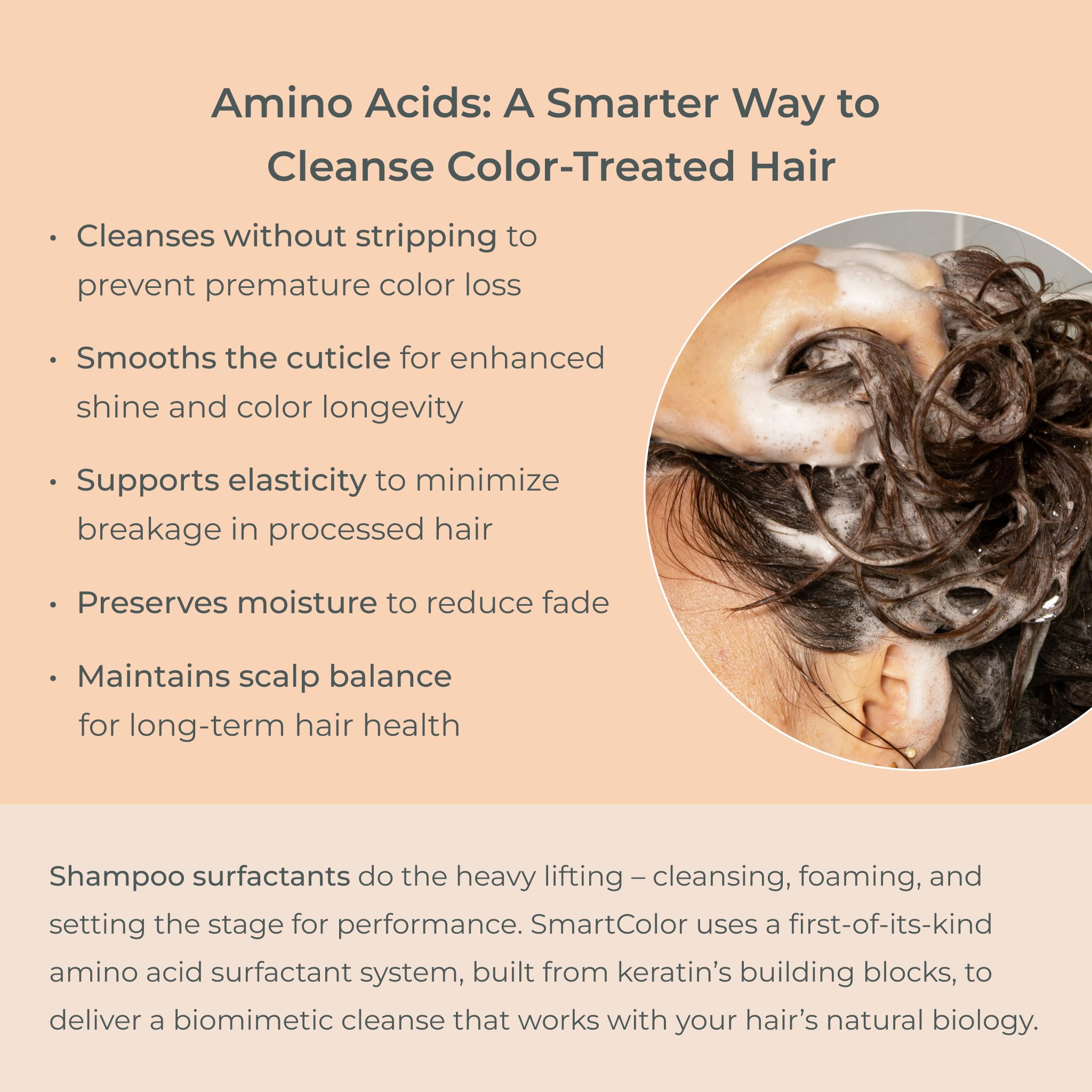 Hands apply EVOLVh SmartColor Shampoo during shower for gentle cleansing.