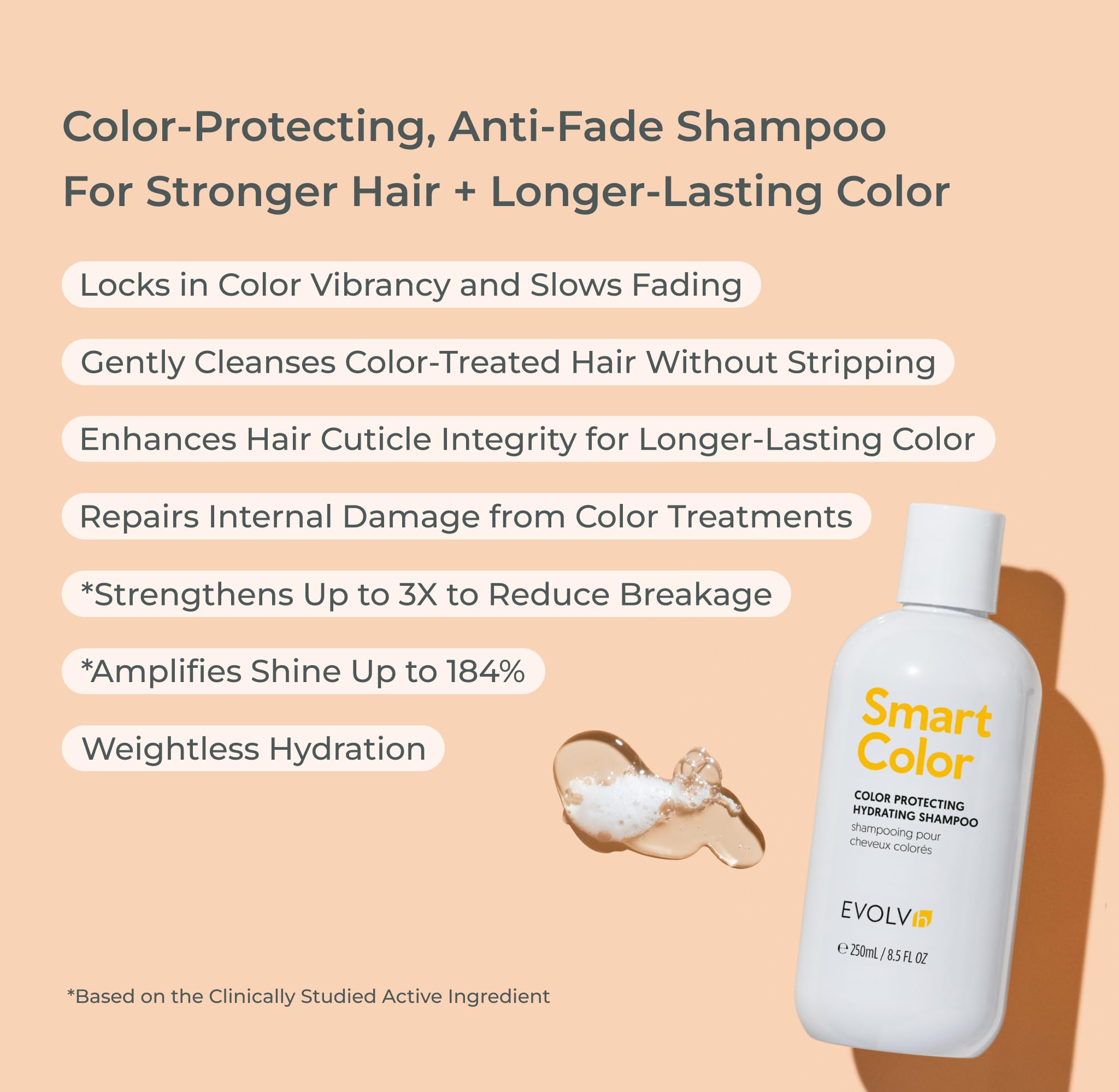 Close-up of EVOLVh SmartColor Shampoo label highlighting vegan and sulfate-free traits.