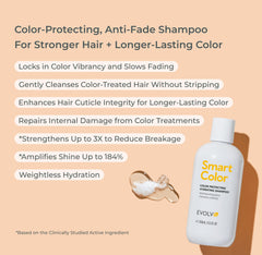 Close-up of EVOLVh SmartColor Shampoo label highlighting vegan and sulfate-free traits.