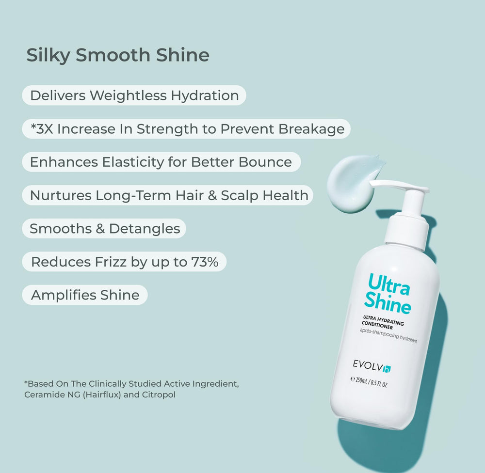 Closeup of EVOLVh UltraShine Moisture Conditioner label and actives