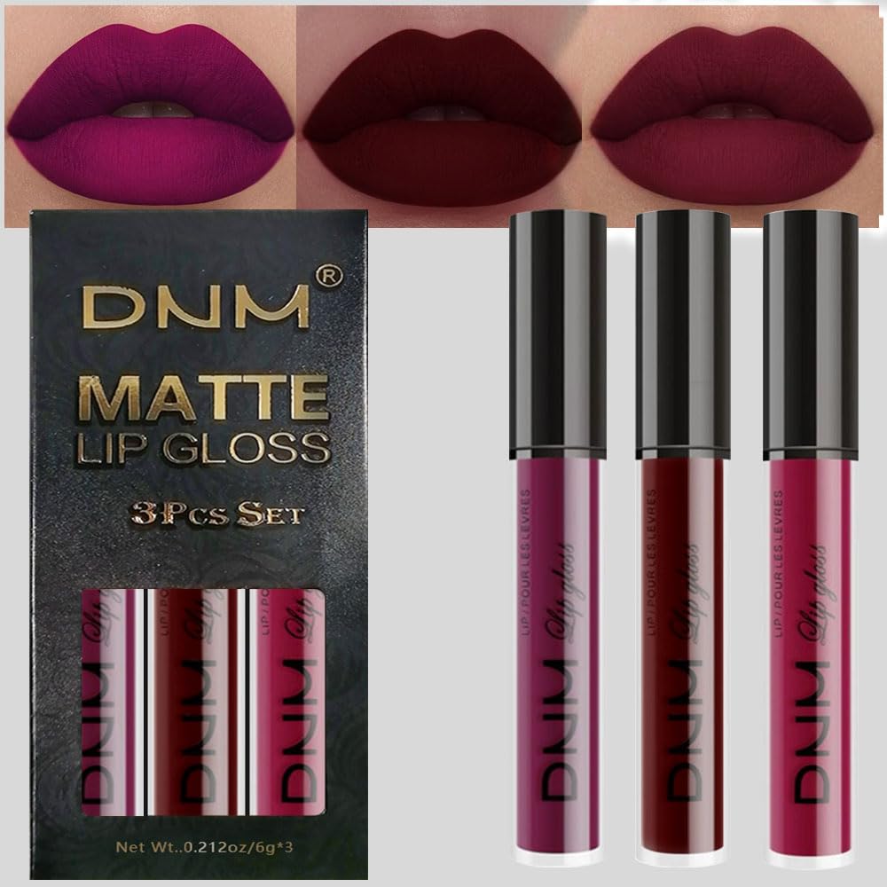 evpct 3Pcs dark red plum matte lipstick set packaging, premium gift-ready presentation.