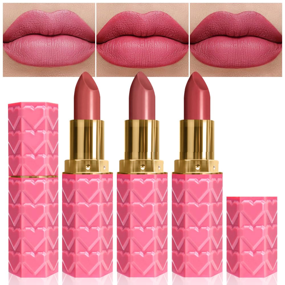 evpct 3Pcs nude pink beige rose mauve matte lipstick set front view for effortless all-day color.