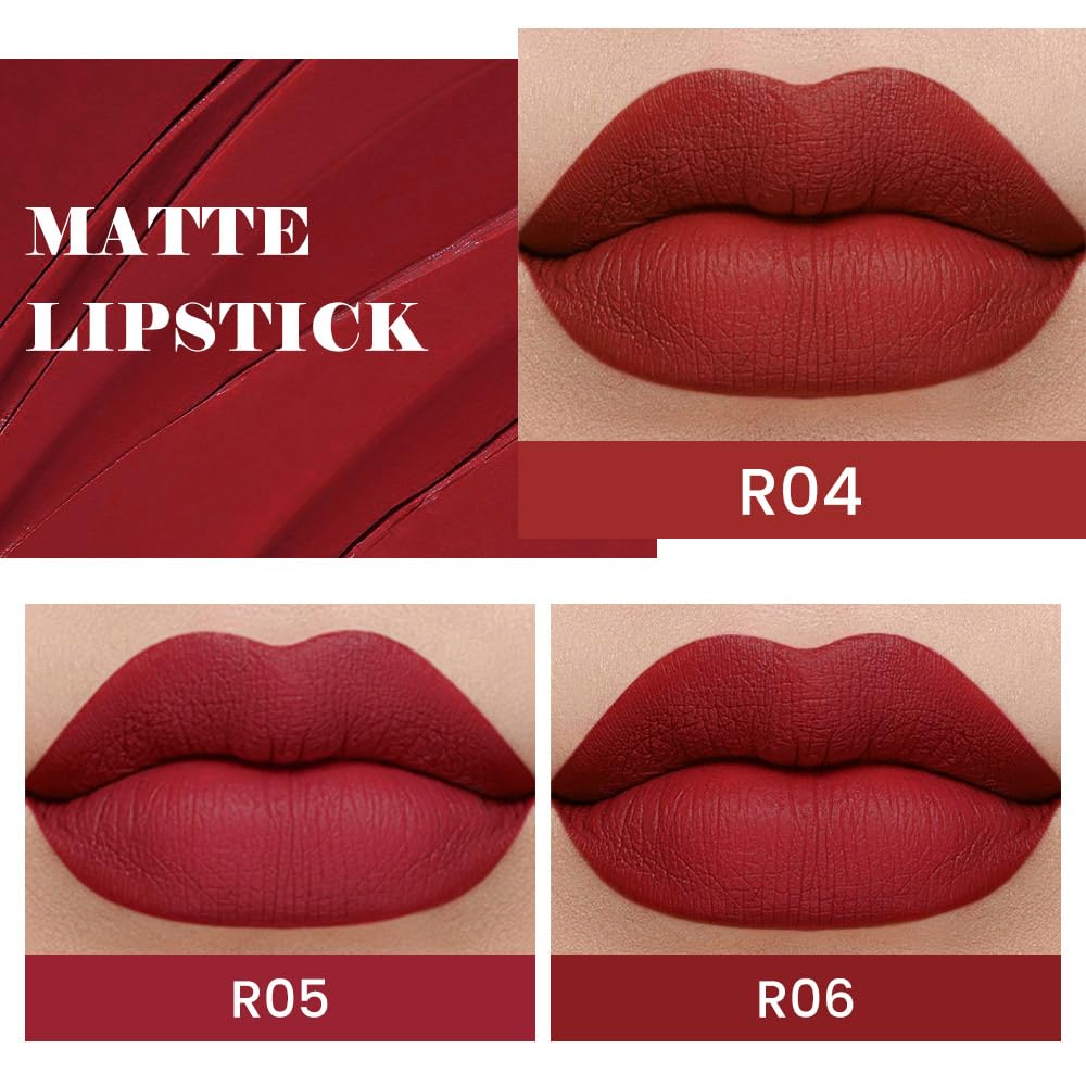 evpct 3Pcs Ruby Red Matte Lipstick close-up shows lightweight, comfortable wear.