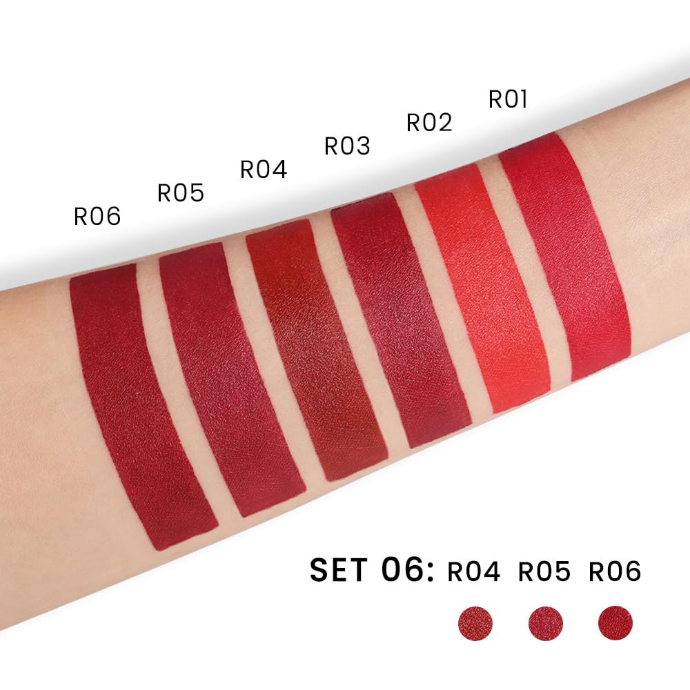 evpct 3Pcs Ruby Red Lipstick on lips illustrates long-wear potential with bold color.