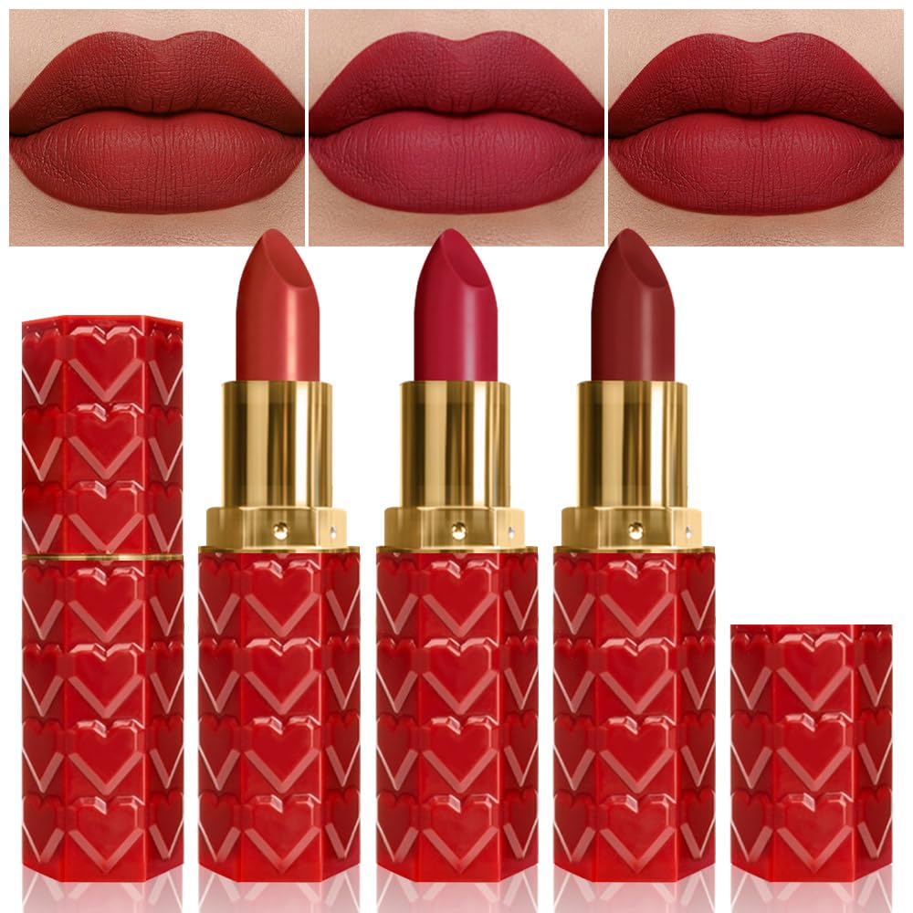 evpct 3Pcs Ruby Red Matte Lipstick set packaging with a gift-ready presentation.