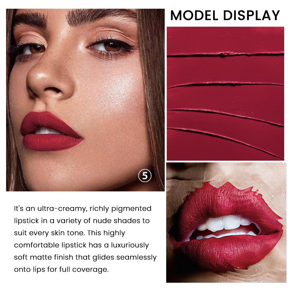 evpct 3Pcs Ruby Red Matte Lipstick close-up demonstrates lightweight texture for daily use.