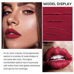 evpct 3Pcs Ruby Red Matte Lipstick close-up demonstrates lightweight texture for daily use.
