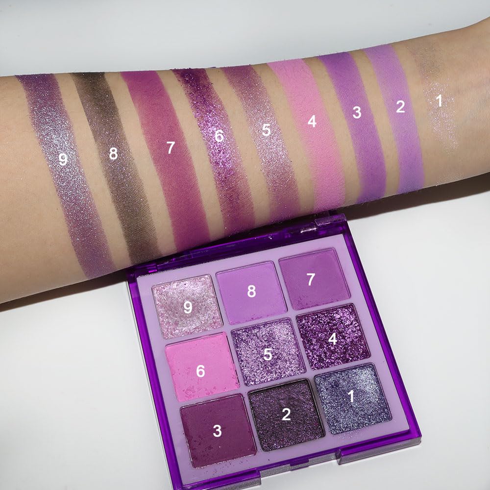 evpct 9 Colors Purple Glitter palette on arm swatch demonstrates rich payoff.
