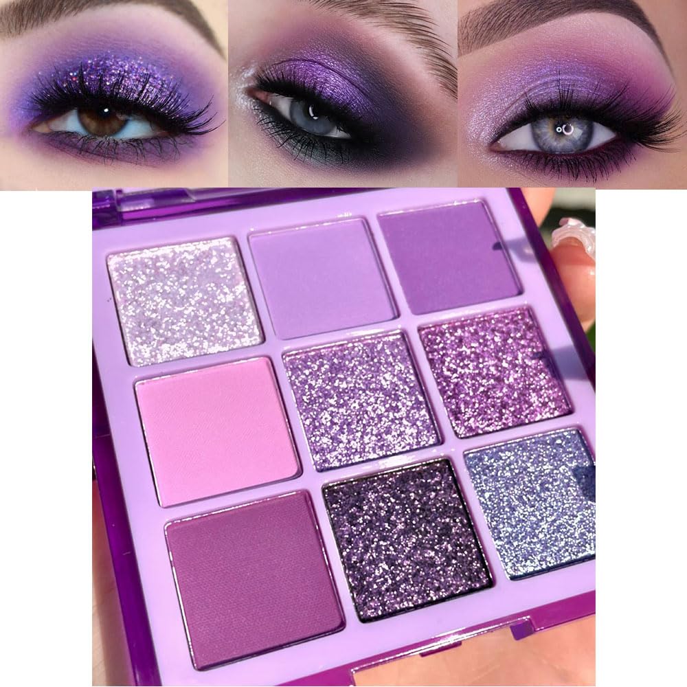 evpct 9 Colors Purple Glitter Palette front view, travel-friendly shimmer for on-the-go makeup.