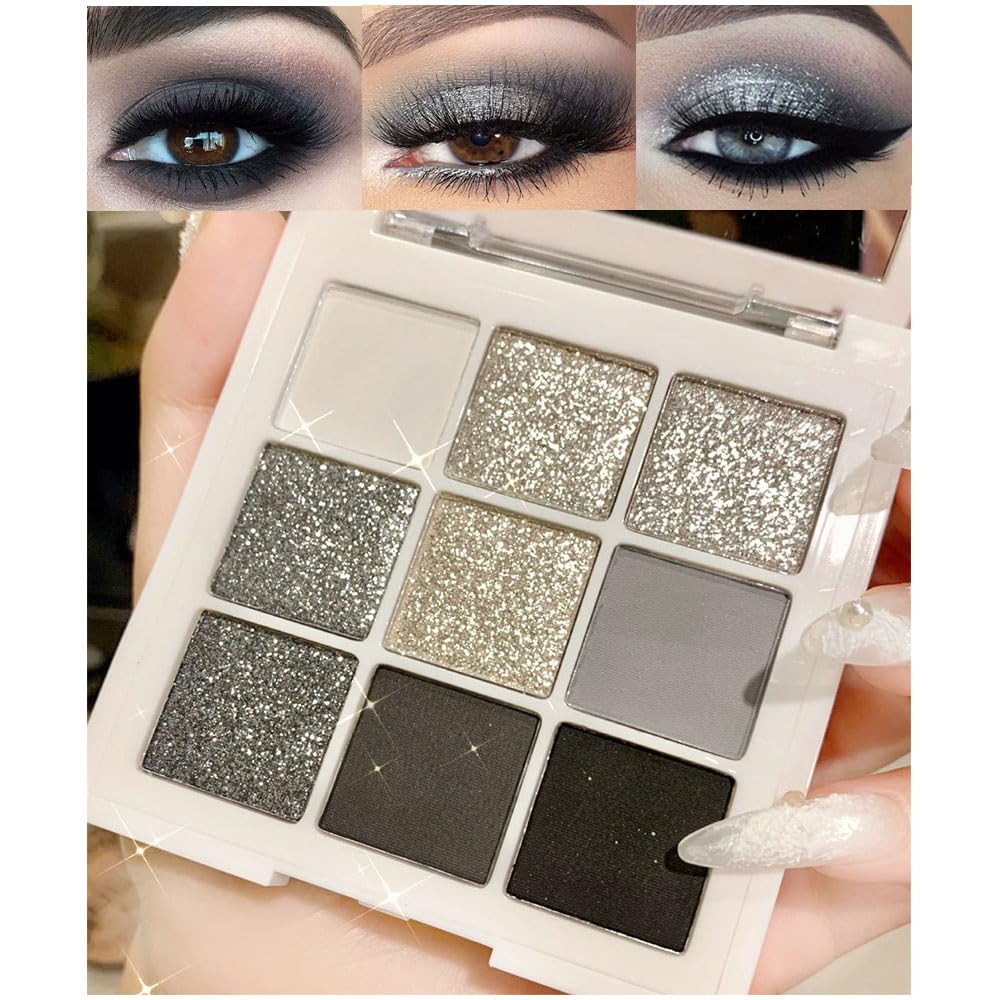 evpct 9-colors silver-gray glitter eyeshadow palette for radiant halo eye looks.