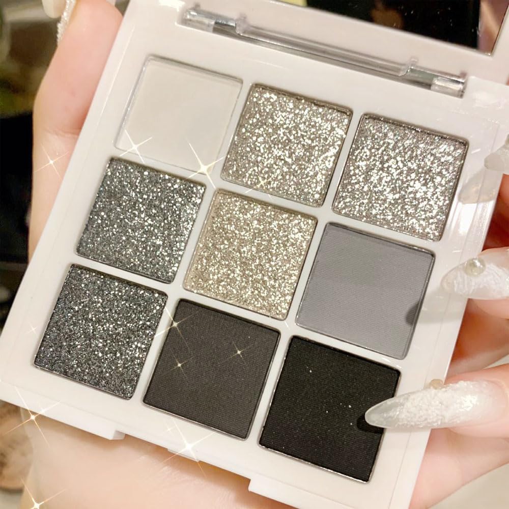 evpct black smokey grey sparkle eyeshadow palette for dramatic evening makeup.