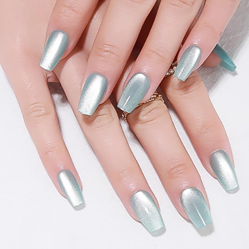 evpct Cat Eye Coffin Nails Teal shimmer for a bold, salon-ready look
