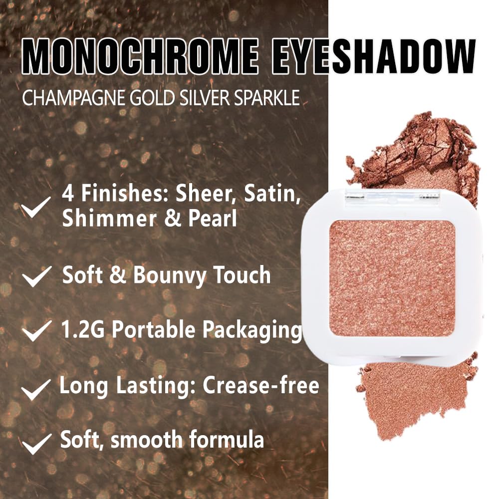 evpct Champagne Gold Glitter Eyeshadow Palette closeup shimmer—creamy texture blends smoothly with crease-free wear.