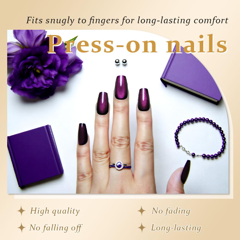 evpct dark purple cat eye nails closeup design shows the reflective metallic shimmer.