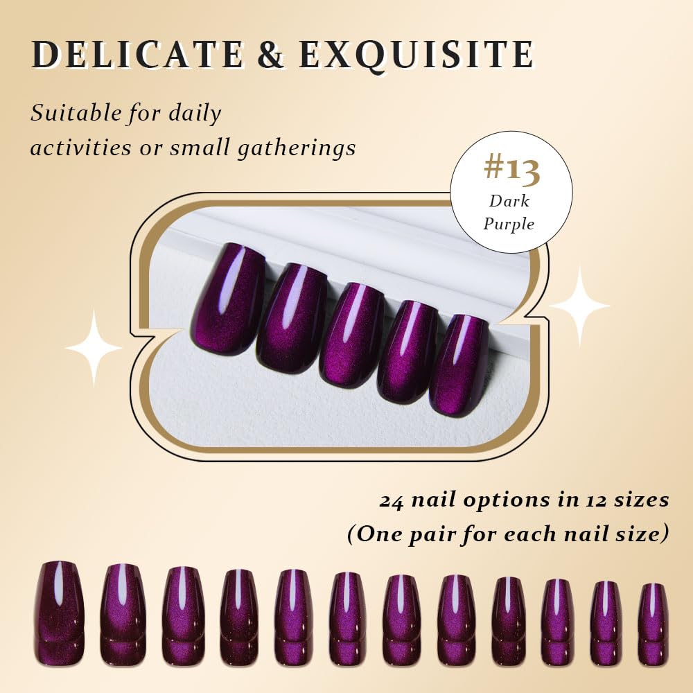 evpct dark purple cat eye nails coffin shape highlights sleek, modern appeal.