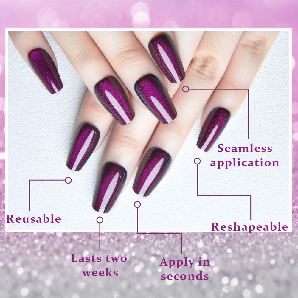 evpct dark purple cat eye nails on hand demonstrate medium length coffin style.