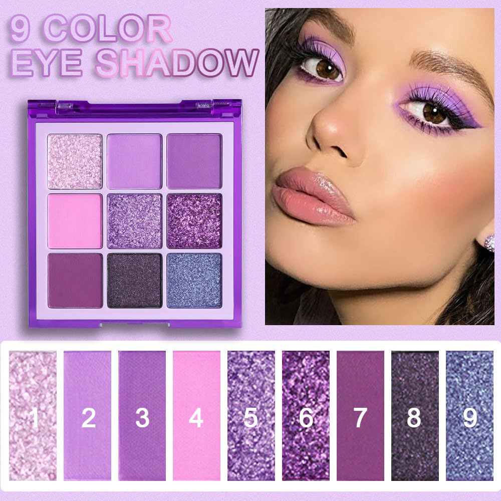 evpct Eyeshadow palette close-up, showcasing lavender, violet, and pink glitter hues.