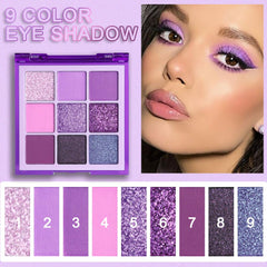 evpct Eyeshadow palette close-up, showcasing lavender, violet, and pink glitter hues.