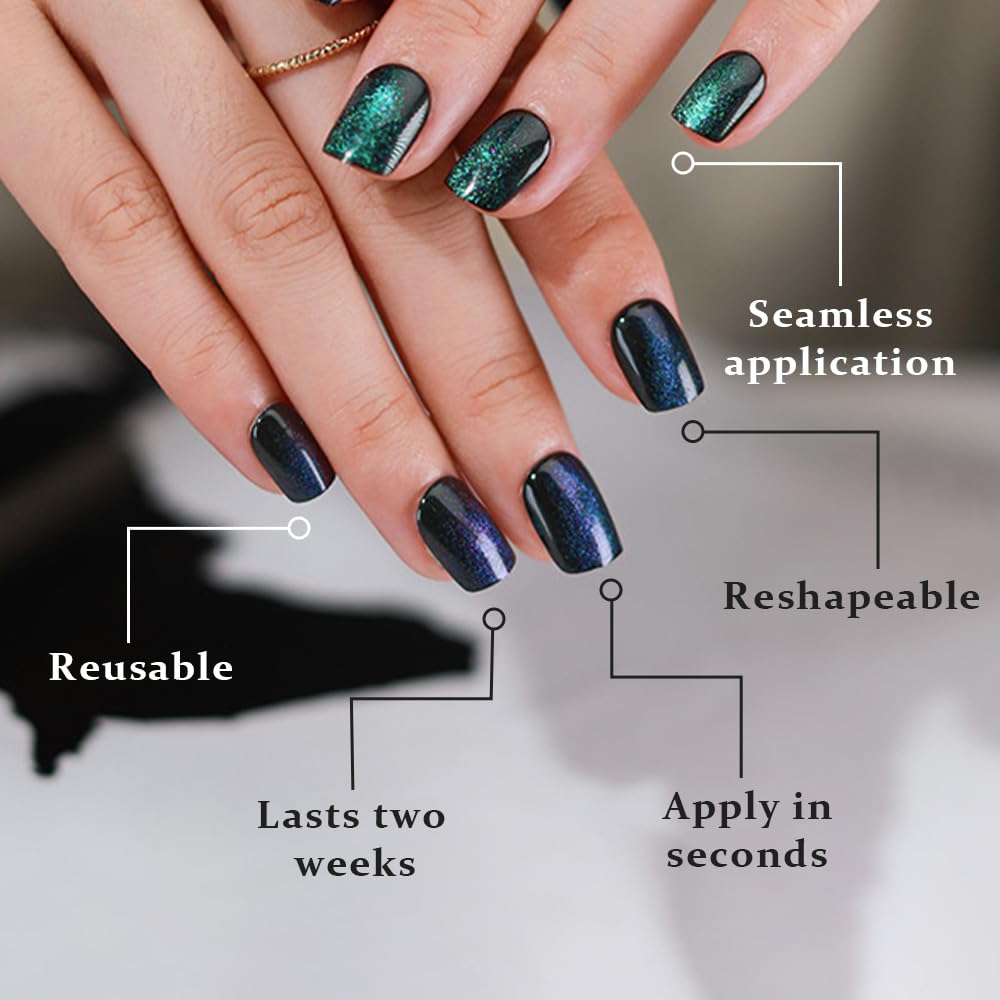 evpct Green cat eye nails with adhesive tabs for easy at-home application