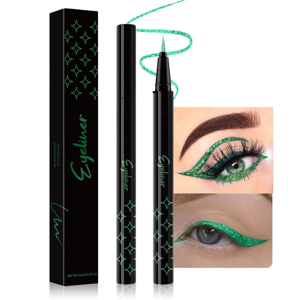 evpct green glitter eyeliner pen closeup showing precise lines and long wear.
