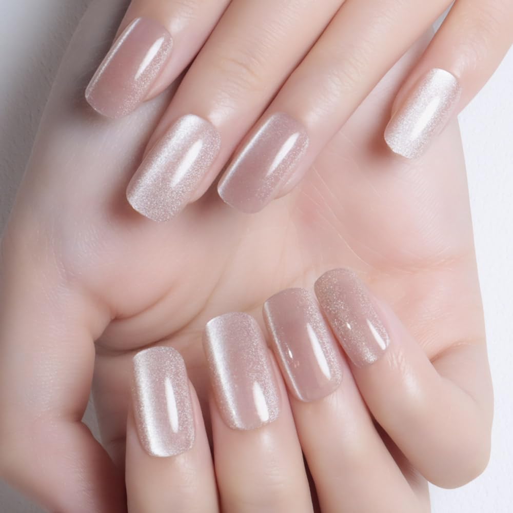 evpct Light Nude Cat Eye Nails in medium square shape for a chic, light-catching look