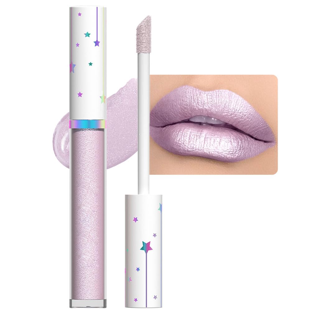 evpct light purple glitter lip gloss showcases pearlescent shine for a vivid lip glow.