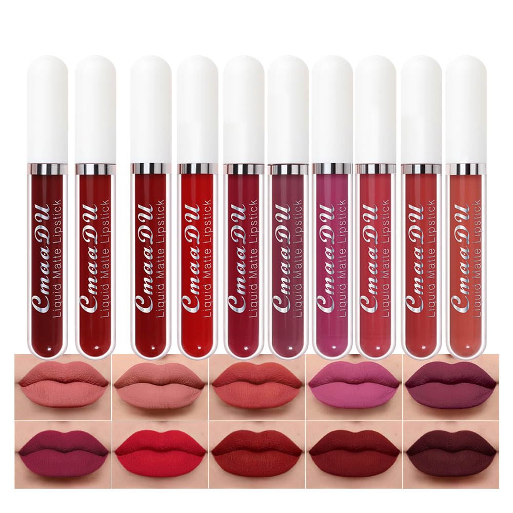 evpct 10-piece matte lipstick set swatches showing rich, long-lasting colors.