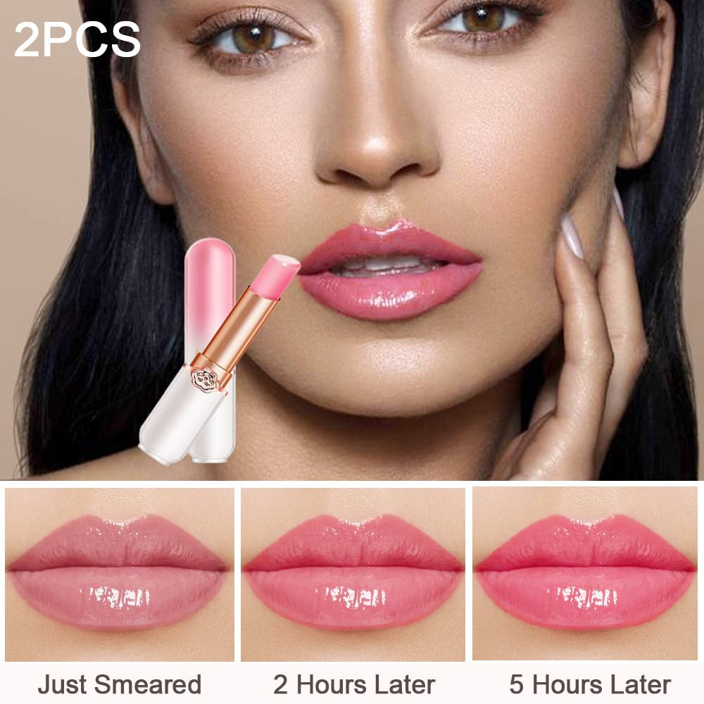 evpct peach color changing lip balm in action on lips, temperature responsive.