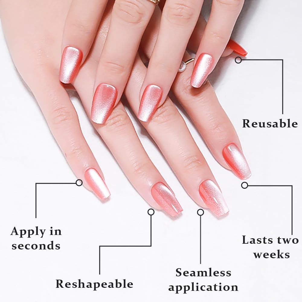 evpct Pink Cat Eye Nails showcase glossy, glow-in-the-light effect.