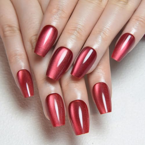 evpct Red Cat Eye Nails in square coffin shape for a bold, salon-worthy look.