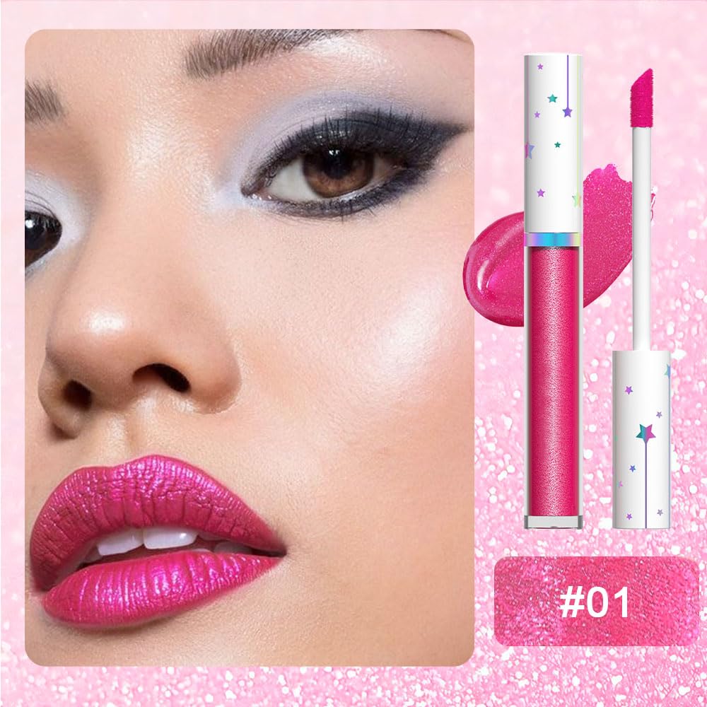 evpct rose pink frosted metallic lip gloss emphasizing subtle shine and lasting color.