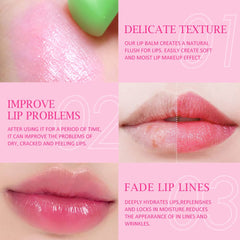 evpct strawberry-infused lip balm with olive oil and vitamin E benefits.