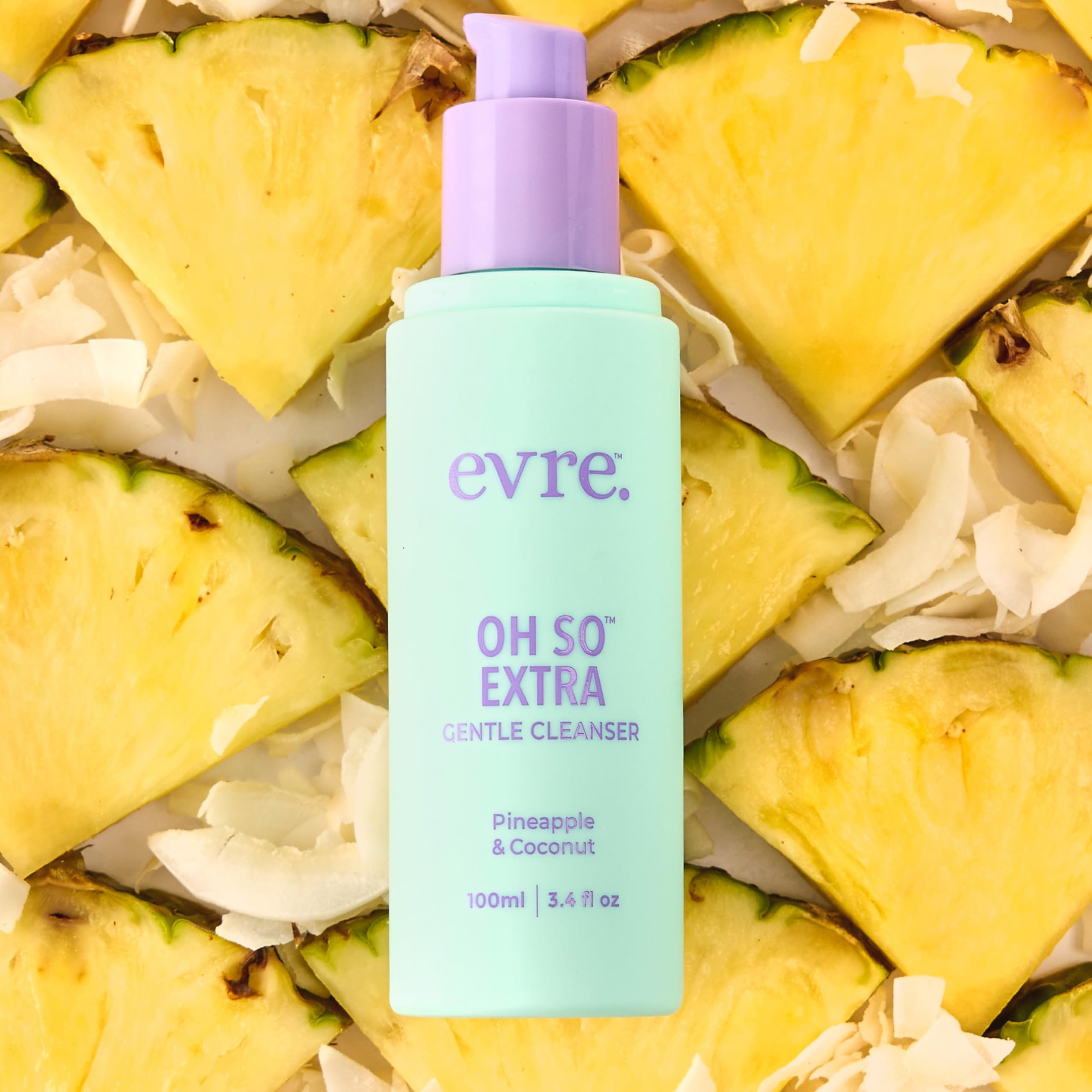 Evre Oh So Extra Pineapple & Coconut face wash packaging closeup highlighting 30% PCR material.