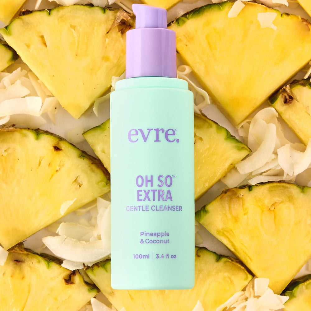 Evre Oh So Extra Pineapple & Coconut face wash packaging closeup highlighting 30% PCR material.