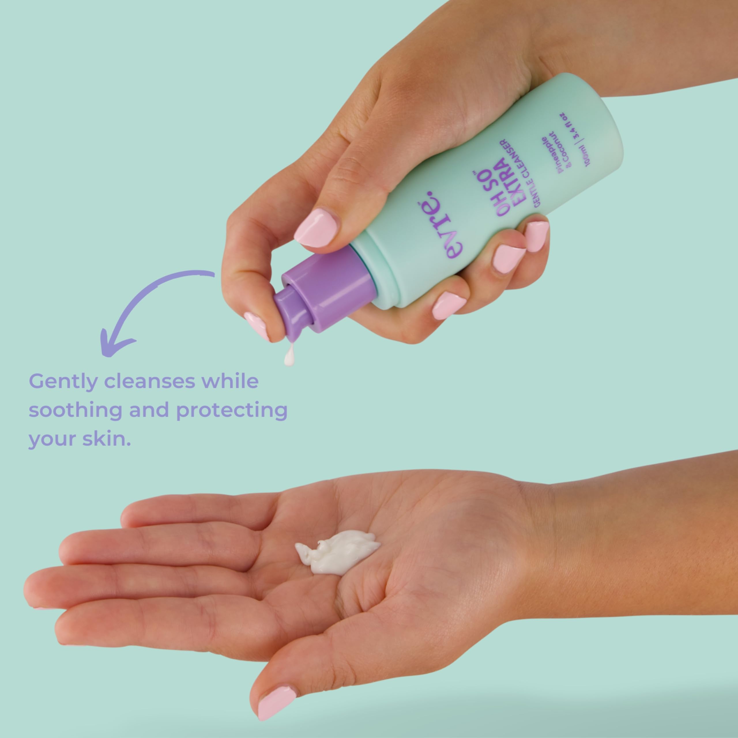 Evre Oh So Extra Pineapple & Coconut face wash pump closeup highlighting gentle cleansing for sensitive skin.