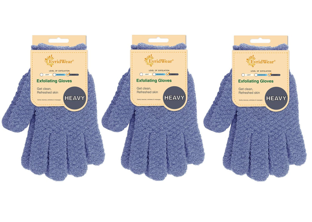Evridwear exfoliating gloves packaging shows the 3-pack for home spa routines.