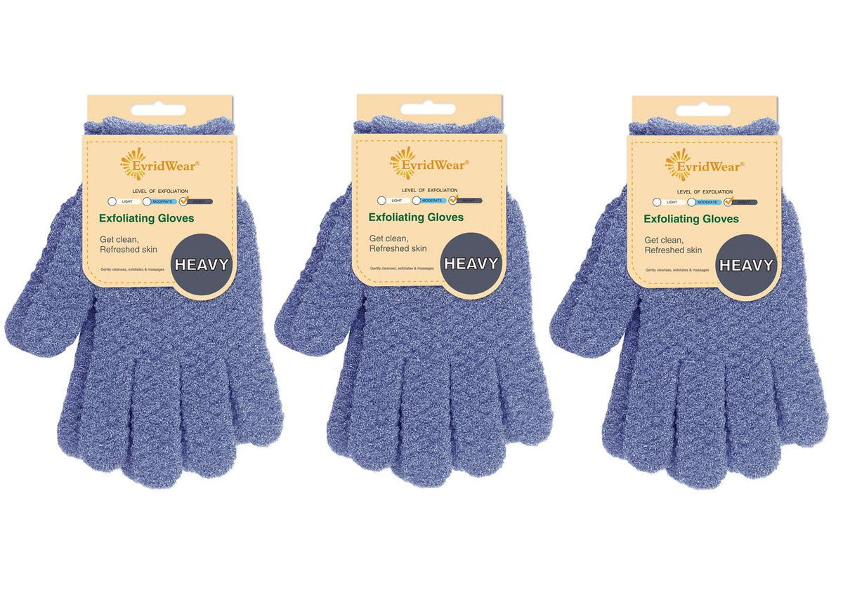 Evridwear exfoliating gloves packaging shows the 3-pack for home spa routines.